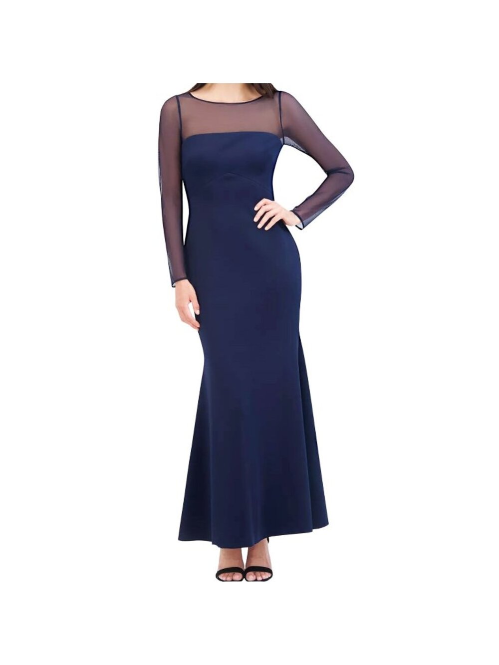 Eliza J Rosette Illusion Sleeve Wedding Gown Maxi Dress Formal Navy US 8 NWT